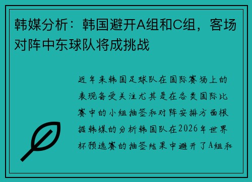 韩媒分析：韩国避开A组和C组，客场对阵中东球队将成挑战