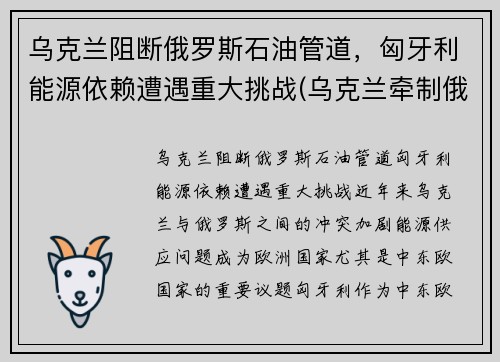 乌克兰阻断俄罗斯石油管道，匈牙利能源依赖遭遇重大挑战(乌克兰牵制俄罗斯)