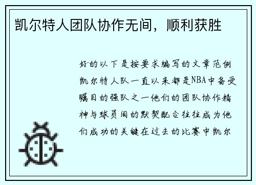 凯尔特人团队协作无间，顺利获胜
