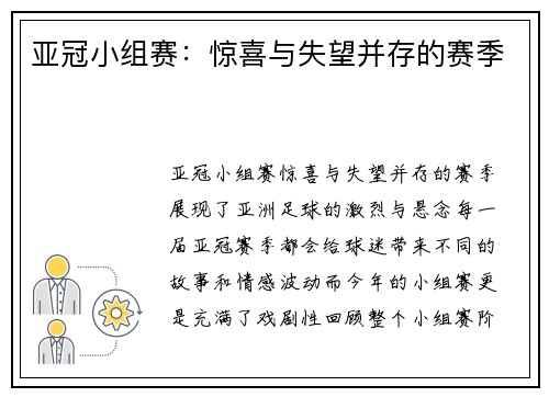 亚冠小组赛：惊喜与失望并存的赛季