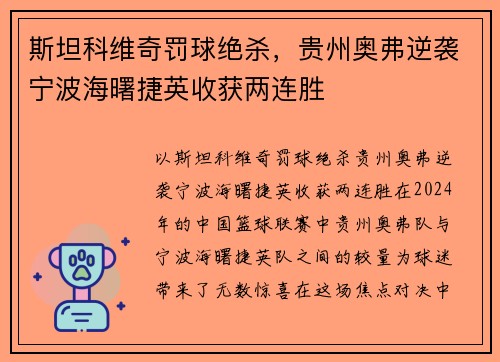 斯坦科维奇罚球绝杀，贵州奥弗逆袭宁波海曙捷英收获两连胜